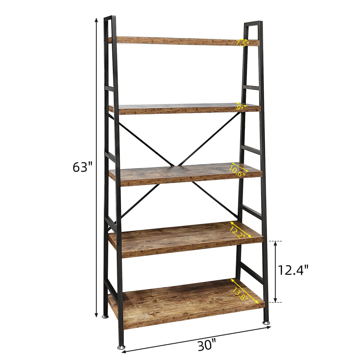 5 Tier Ladder Bookshelf, Heavy Duty Rustic Brown Wood and Metal Bookcase with 1.2" Thick Shelves, 63" H x 30" W x 14" D, Industrial Open Storage Shelving for Living Room, Bedroom, Kitchen TooCust