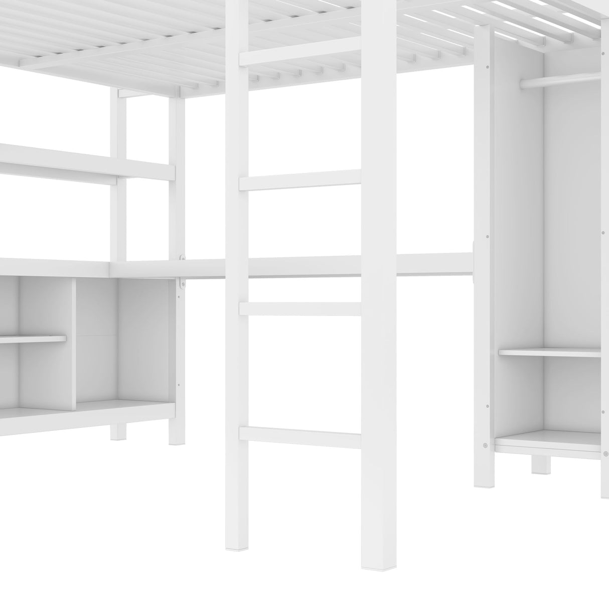 LUMISOL Metal Loft Bed with Wardrobe and L-Shaped Desk, Queen Size Loft Bed with Storage Cubes and Shelves, Heavy Duty Loft Bed for Teens Adults, White LUMISOL