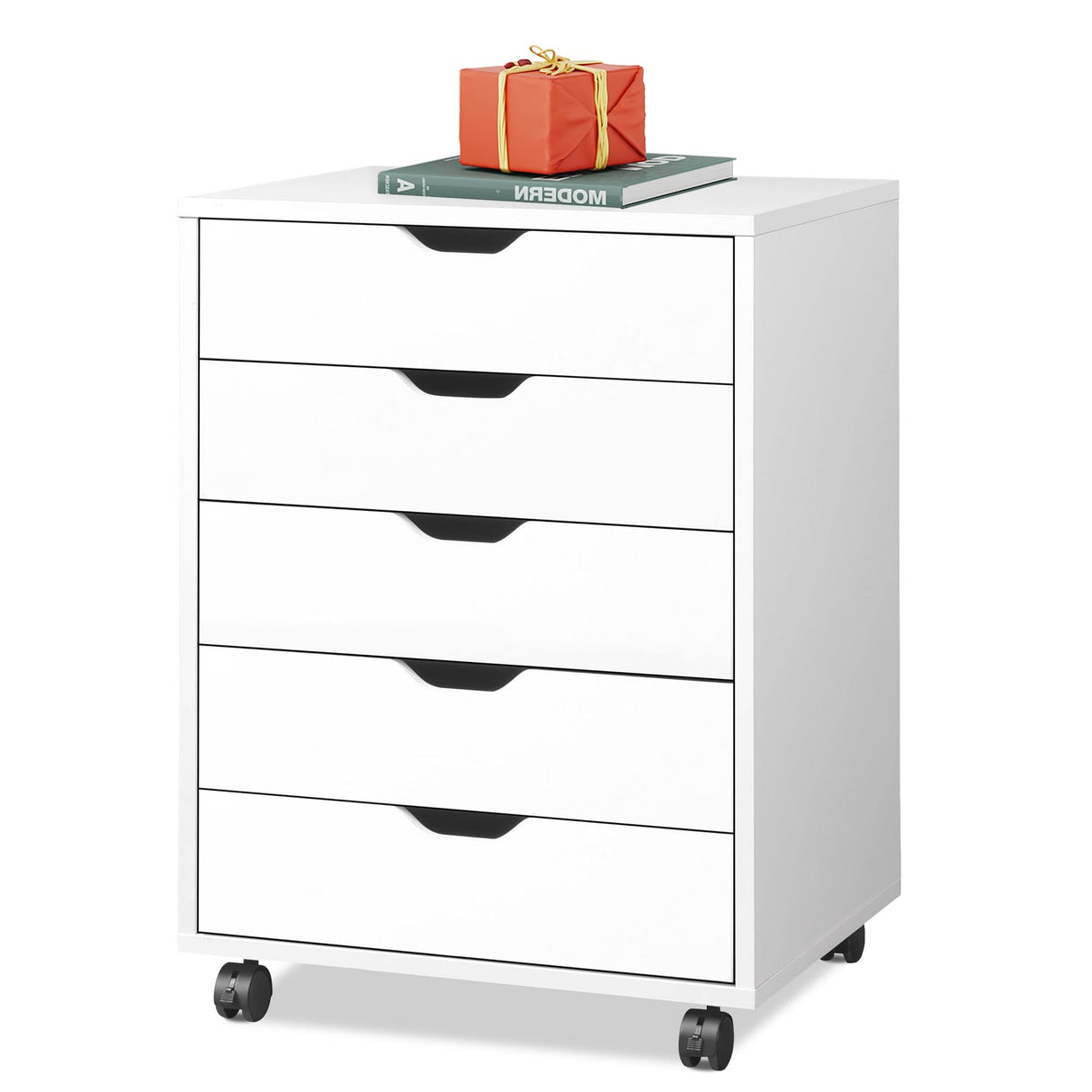 DEVAISE 5-Drawer Chest, Wood Storage file Cabinet with Wheels, White DEVAISE