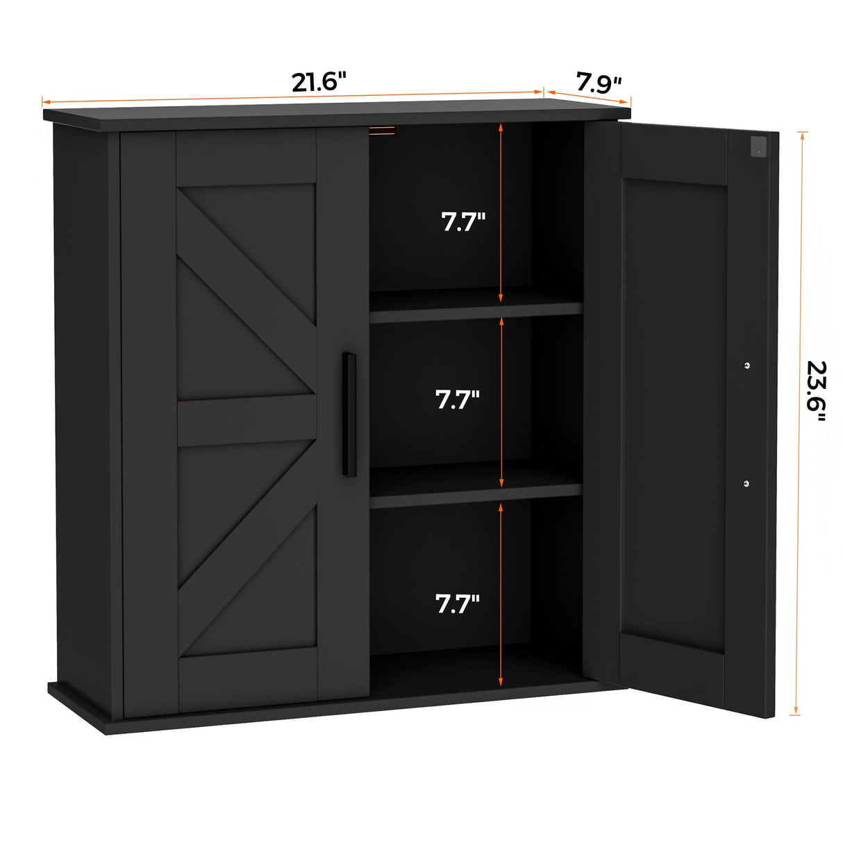 Homleke Bathroom Wall Cabinet, Over Toilet Storage Cabinet with Barn Doors and Adjustable Shelves, 3-Tier Medicine Cabinet Wall Mounted, for Bathroom, Kitchen, Entryway, Laundry Room, Black, (7.9" D) Homleke