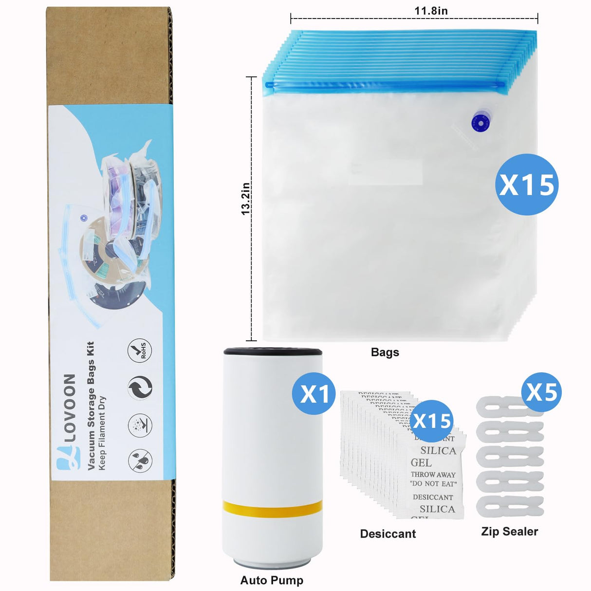 LOVOON Filament Storage Bags 15pcs, 3D Printer Filament Storage Bags Vacuum Sealed Kit with 15pcs Desiccant, Auto Pump, Perfect for 3D Filament Storage or Using After Filament Dryer Box LOVOON