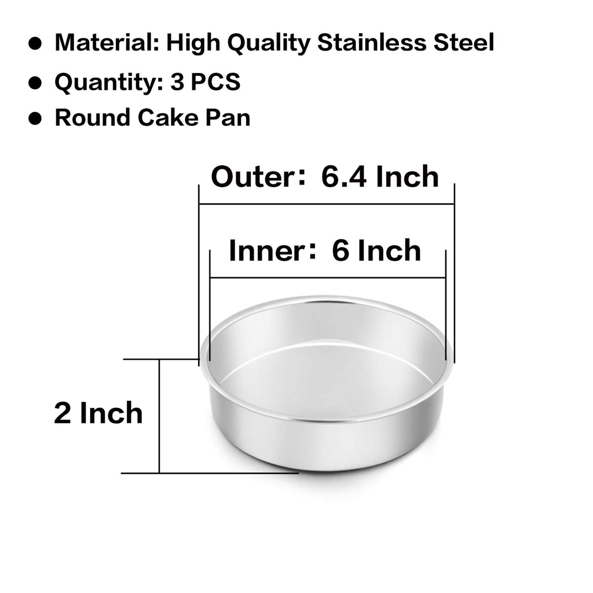 TeamFar 6 Inch Cake Pan, Round Cake Pan Tier Baking Pans Set Stainless Steel, Fit in Pot Pressure Cooker Air Fryer, Healthy & Toxic Free, Mirror Finish & Sturdy, Oven & Dishwasher Safe - Set of 3 TeamFar