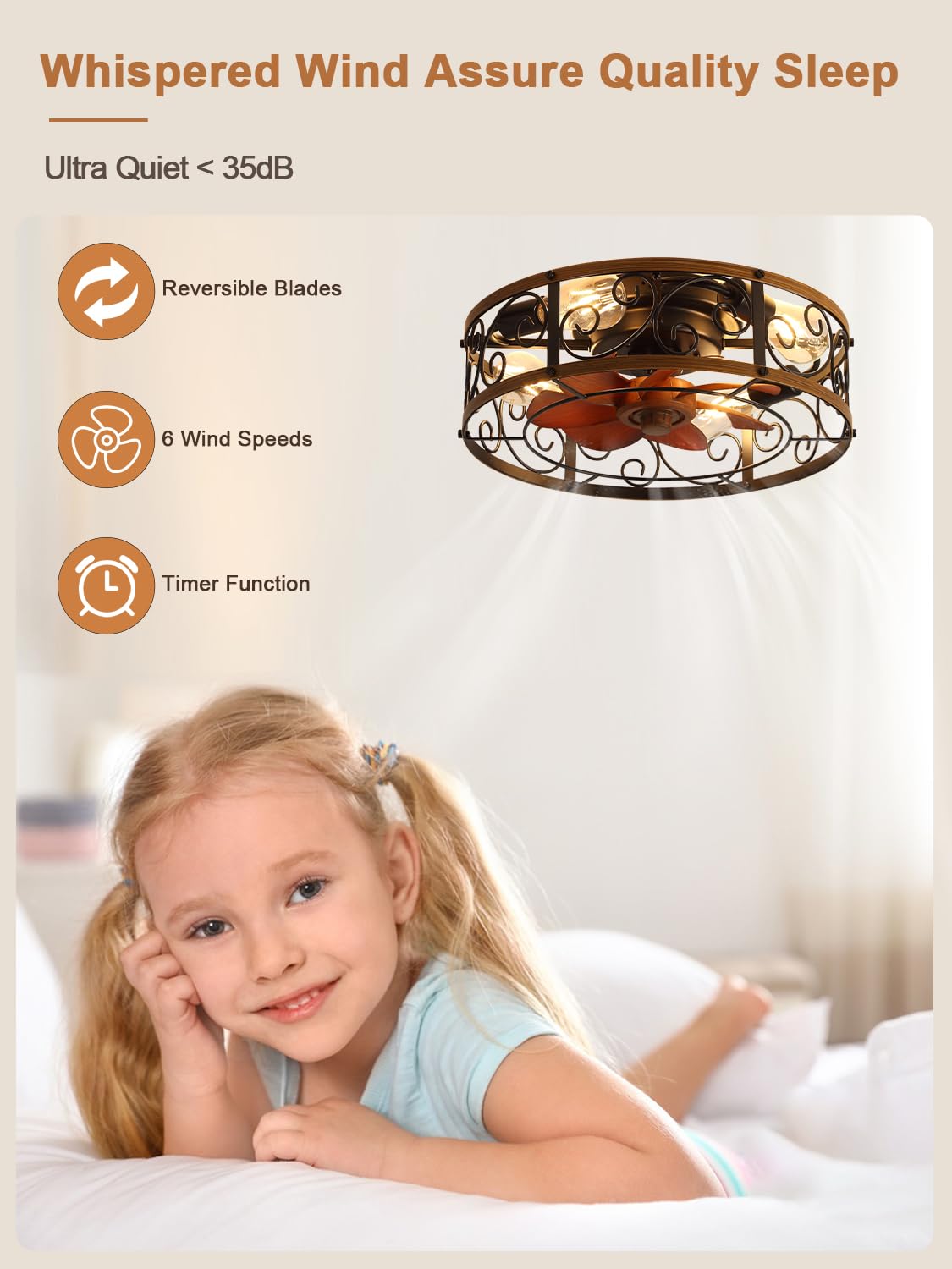 Curve Curio 18 Inch Farmhouse Caged Ceiling Fan with Light, Rustic Style Flush Mount Low Profile Ceiling Fan for Kitchen, Bedroom Curve Curio