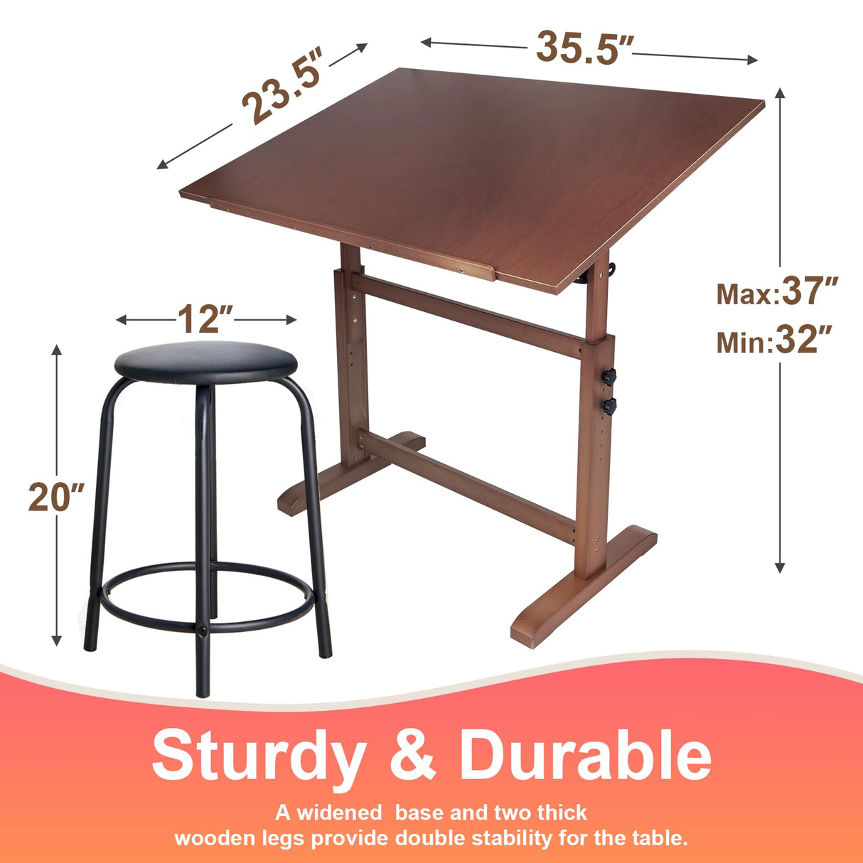 Falling in Art Wooden Drafting Table and Stool Set, Walnut 30" x 42" Adjustable Height and Angle Solid Wood Drawing Desk for Adults, Artist Craft Table for Painting Artwork, Reading, and Writing Falling in Art