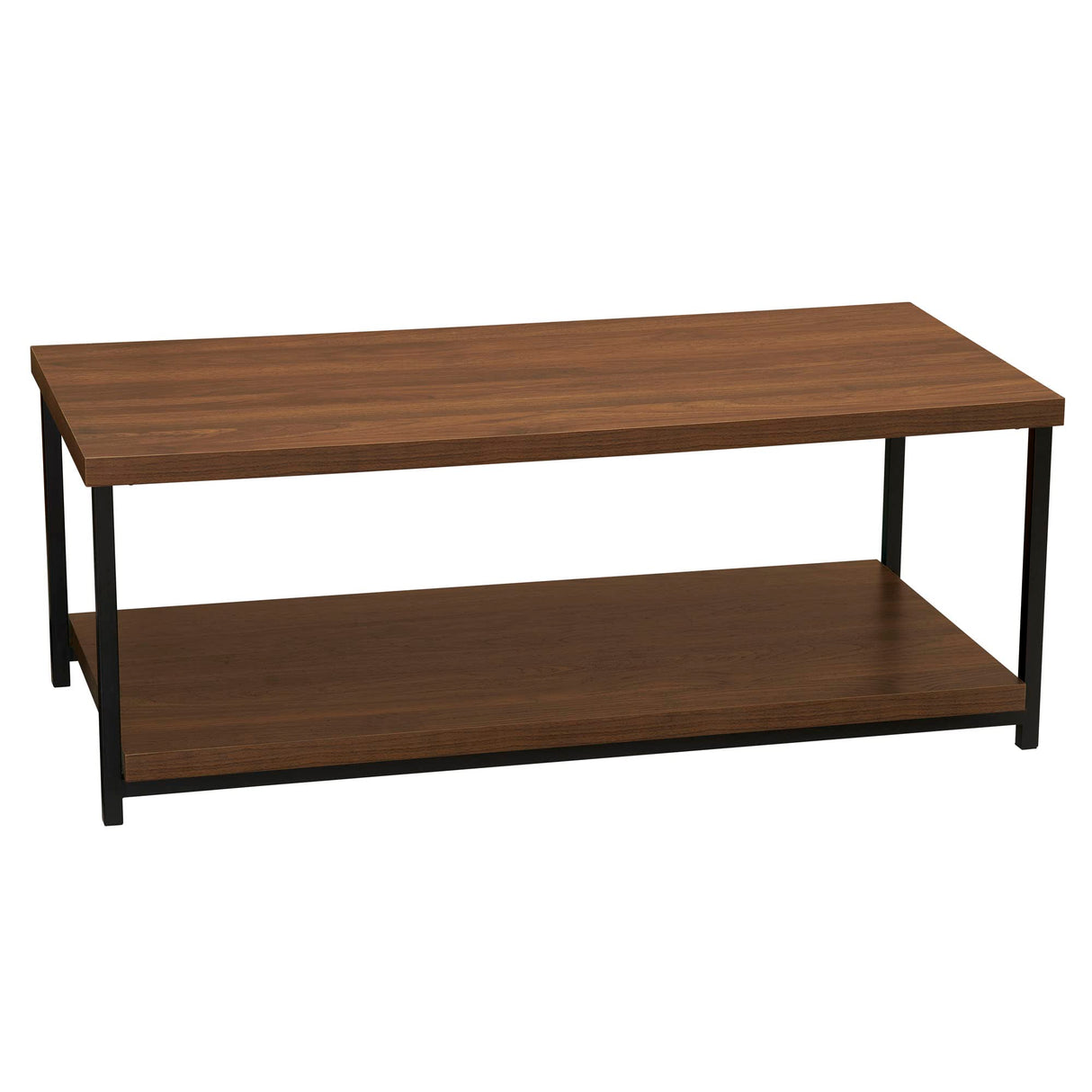 Household Essentials Jamestown Rectangular Coffee Table with Storage Shelf Mid Century Walnut Wood Grain and Black Metal Household Essentials