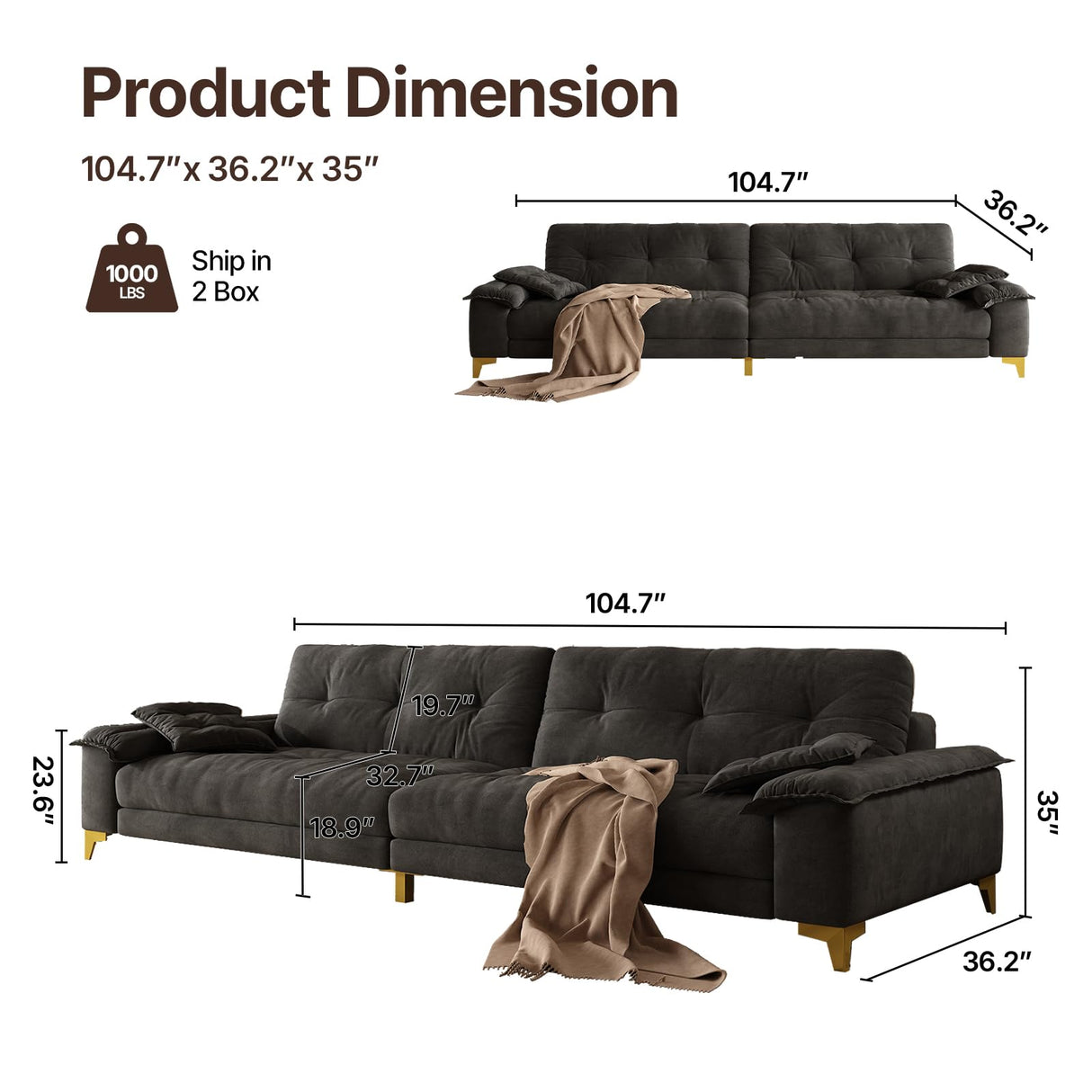 104.7" sectional Couch, mid-Century Modern 4-Seater Comfy Cloud Couch for Living Room Office, Button Tufted upholstered Metal Legs Sofa Sturdy loveseat (Dark Gery, 104.7Inch) Generic