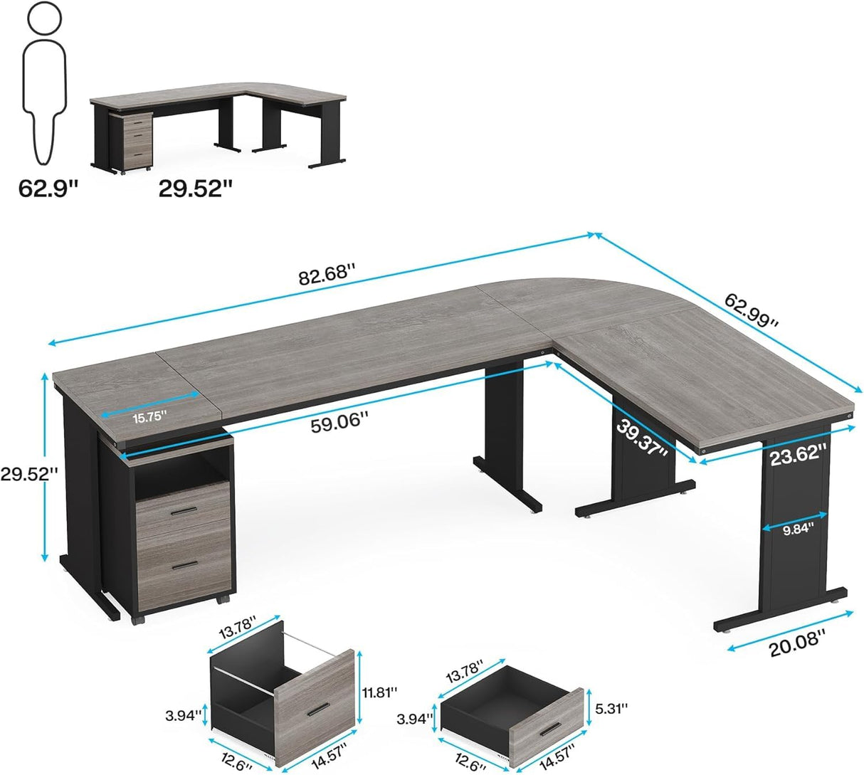 LITTLE TREE 82.67" Long Executive Desk with Drawers, Large L-Shaped Office Desk with Mobile File Cabinet, Farmhouse Computer Office Furniture Work Desk with Storage for Home Office, Gray LITTLE TREE