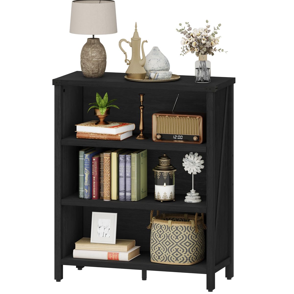 BON AUGURE Small Bookcase, 3 Tier Black Book Shelf, Farmhouse Wooden Bookshelf, Short Storage Book Cases for Small Space, Bedroom, Office, Living Room (Black Oak) BON AUGURE