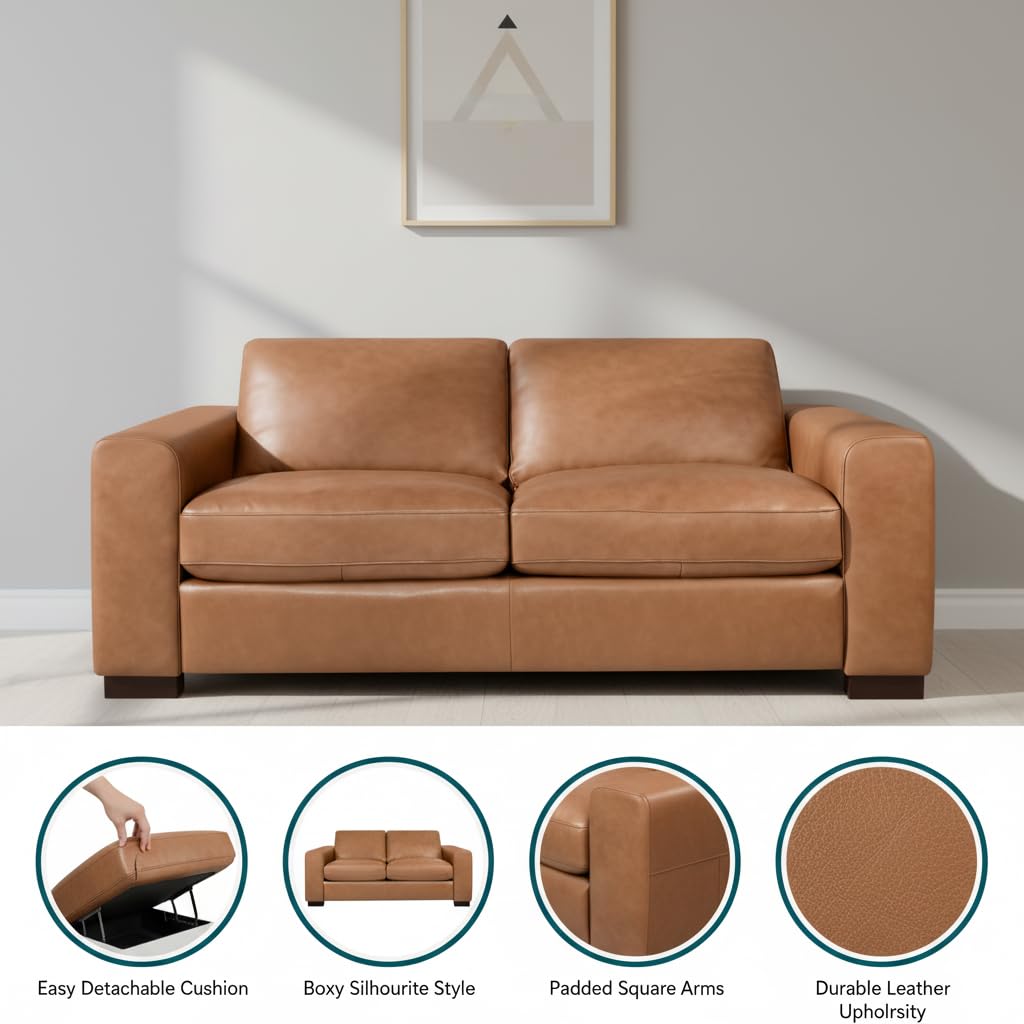 Naomi Home Freya Genuine Leather Loveseat Sofa - Luxurious Comfort, Goose Feather Cushion Filling, Square Arm Design, Sturdy Block Legs, Elegant Tan - Ideal for Living Room, Office, or Bedroom Naomi Home