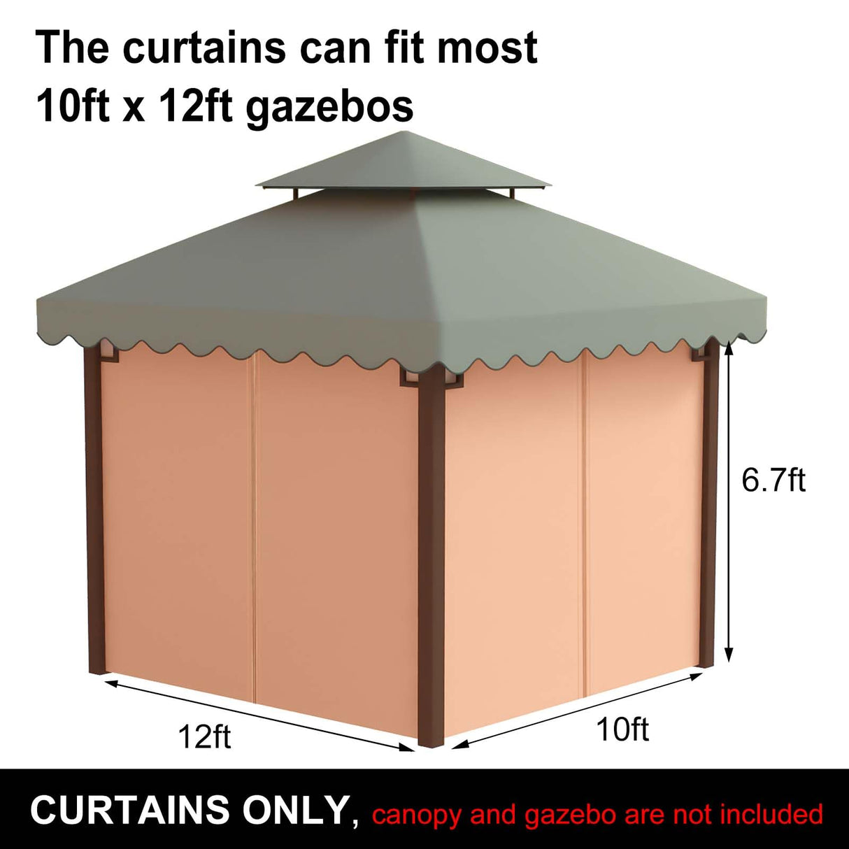 PLULON 10' x 12' Gazebo Curtains Outdoor Waterproof 4-Panels Universal Replacement Privacy Curtain Sidewalls with Zipper for Patio Yard Garden (Curtain Only) PLULON