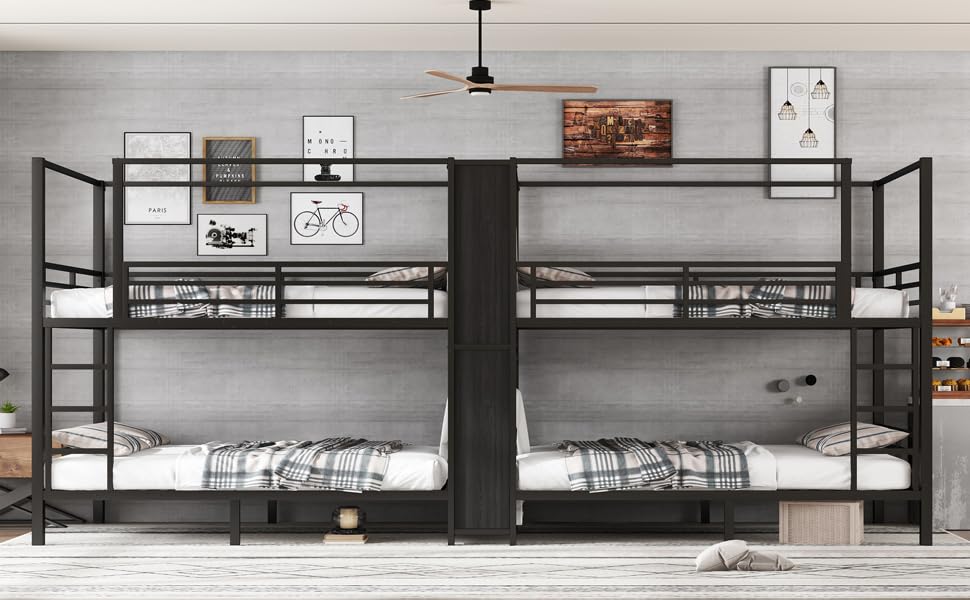 Trikiousd Full Size Bunk Bed Frame, Quadruple Room Metal Storage Bedframe with Built-in Shelves & Wardrobe for Kids, Teens & Adults, Noise-Reduced Design Trikiousd