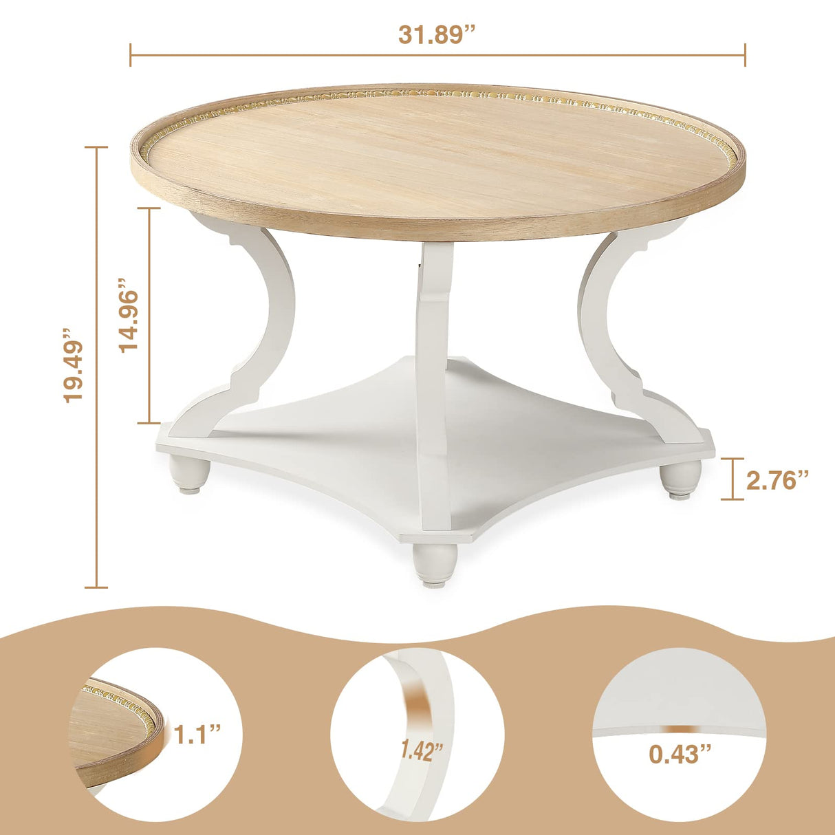 Wnutrees Farmhouse Round Coffee Table, Rustic Circle Coffee Table with Wood Tray Top for Living Room, Boho Coffee Table with Storage Shelf, Handcrafted Finish, White Wnutrees