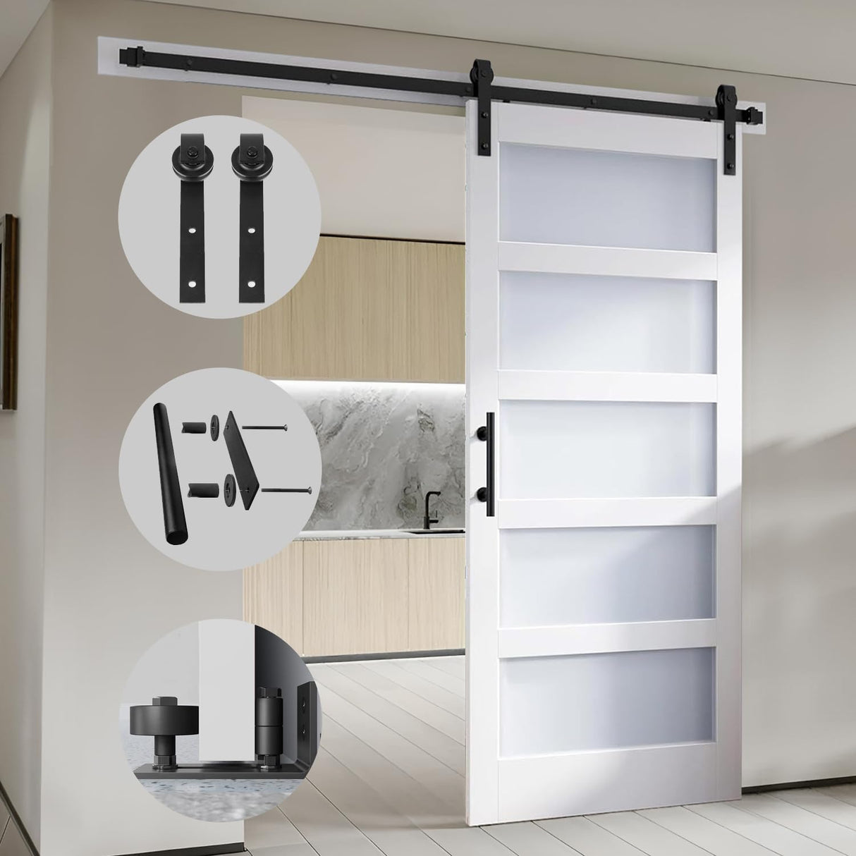 S&Z TOPHAND® 36 in x 84 in Glass Sliding MDF Barn Door with 6.6FT Sliding Door Hardware Kit, 5 Tempered Frosted Glass, Slab Inside Covered with Water-Proof PVC Surface, Simple DIY Assembly S&Z TOPHAND