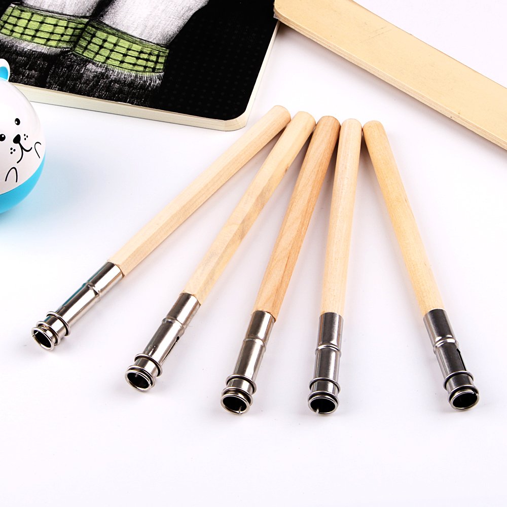 GTHER 5PCS Wooden Pencil Extender, Adjustable Art Pencil Lengthener, Holder with Aluminum Handle for Colored Pencils & Crayons GTHER