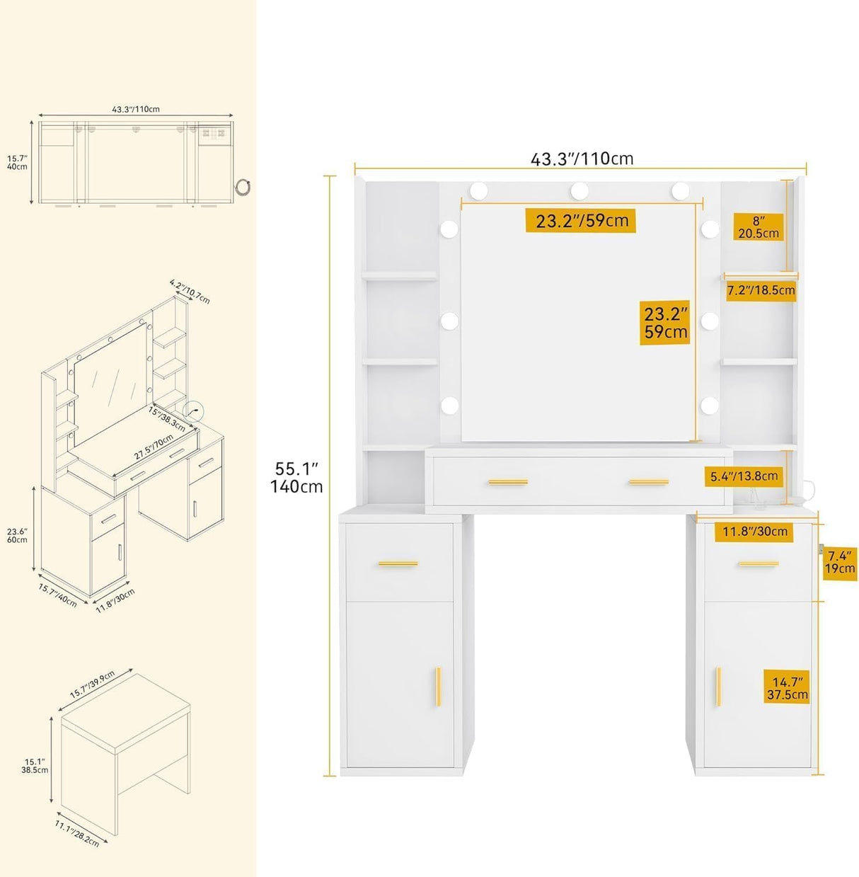 DWVO Vanity Desk with Large Mirror and LED Lights, Makeup Vanity Table Set with Power Outlets, Comfy Stool & Storage Drawers, Shelves and Cabinets, 3 Lighting Modes Makeup Table, Dressing Room, White DWVO