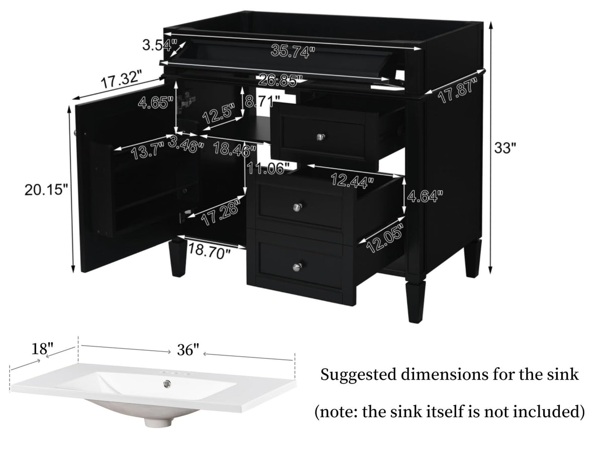 36'' Bathroom Vanity Without Resin Sink, Solid Wood Frame Modern Storage Cabinet with Tip-Out Drawer & Soft Closing Doors, Black Merax