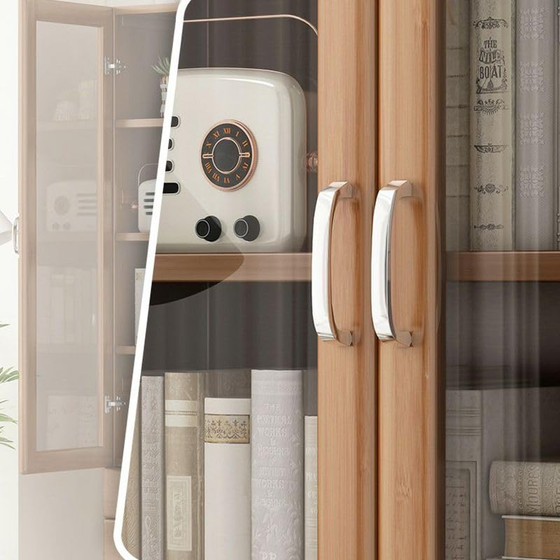 LITFAD Modern 4-Tier Bamboo Bookcase with Glass Doors and 2 Drawers LITFAD