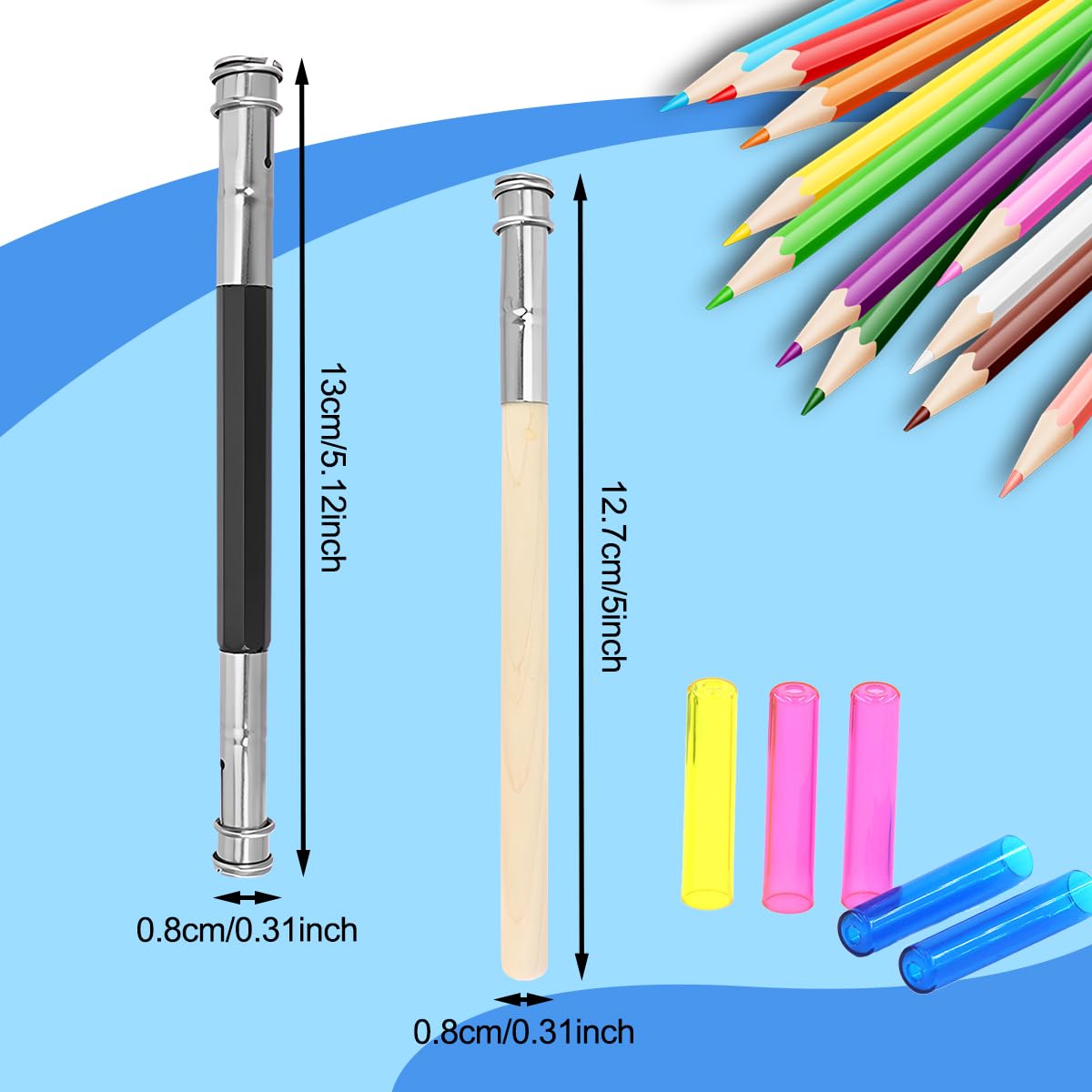 FULANDL 24Pcs Pencil Extenders Set, Pencil Lengthener, Including 16PCS Wooden Handle Adjustable Dual Head Pencil Extender Holder, 8PCS Plastic Pencil Cap, School Office Art Write Tool FULANDL