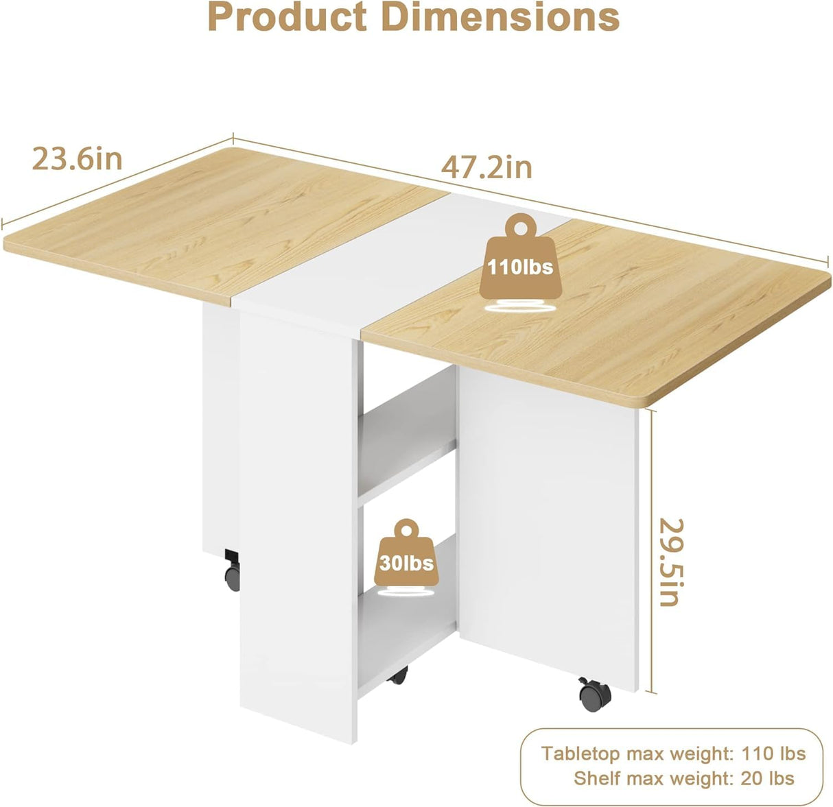 IDEALHOUSE Folding Dining Table, Drop Leaf Dining Table with 6 Wheels and 2-Layer Storage Shelf, Space Saving Dining Table for Small Spaces (Natural Wood, 47.2" D x 23.6" W x 29.5" H) IDEALHOUSE