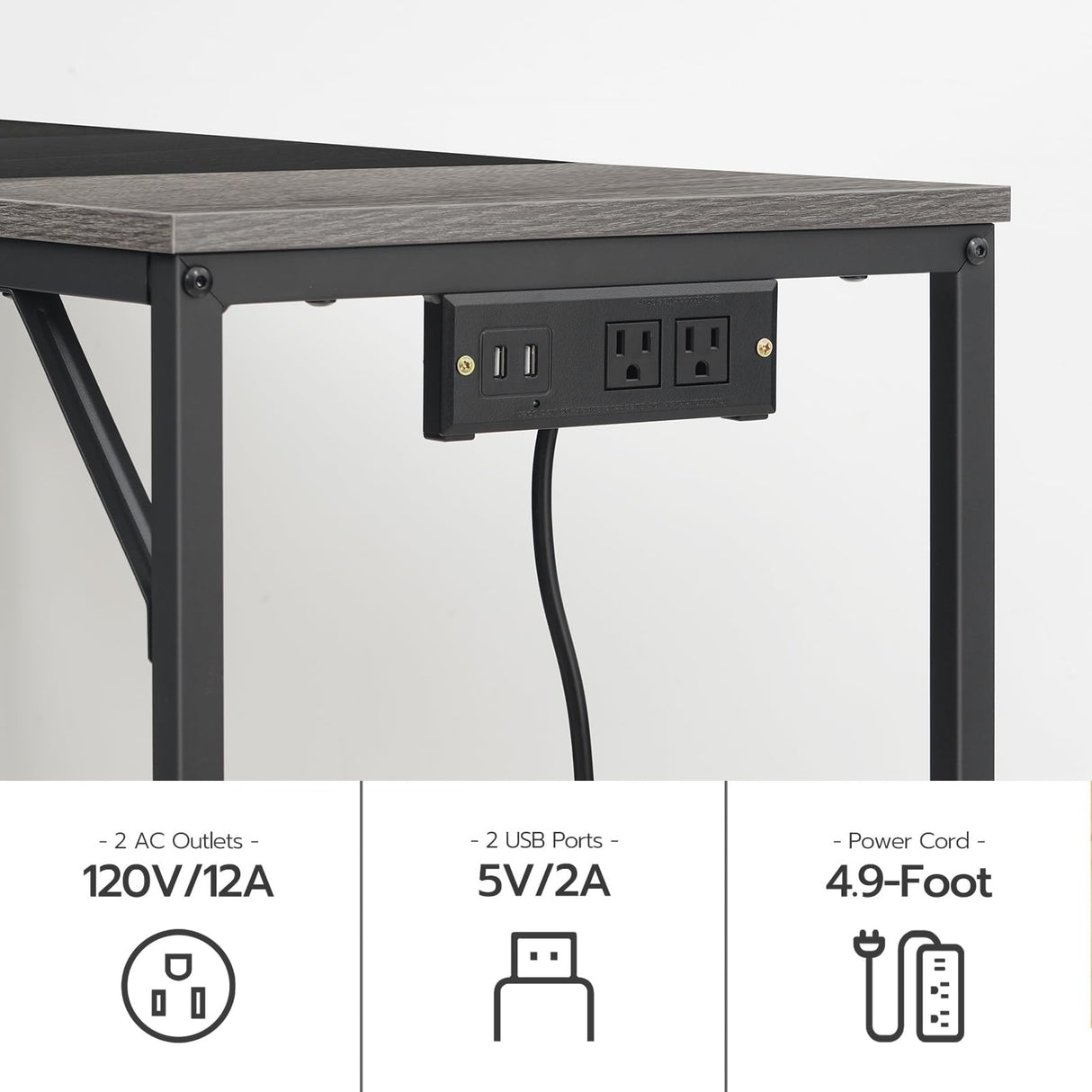 HOOBRO Computer Desk, Home Office Desk with Power Outlet, Modern Study Writing Desk with 3 Hooks for Study Room, Home Office, Sturdy and Stable, Easy to Assemble, Charcoal Gray and Black BC41UDN01 HOOBRO