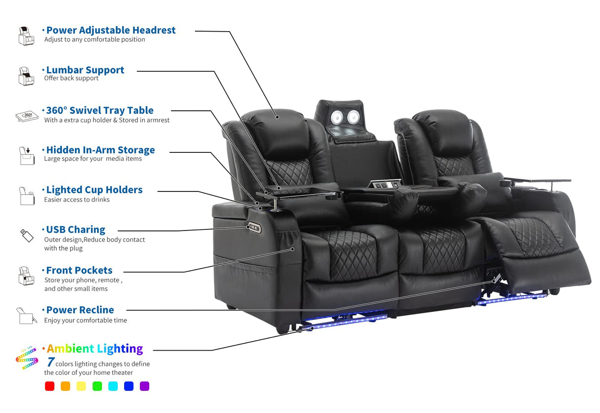 Airadlis Home Theater Seating Seats, Movie Theater Chairs Theater Recliner with 7 Colors Ambient Lighting, Lumbar Pillow, Touch Reading Lights, Tray Table (Black, Row of 3) Airadlis