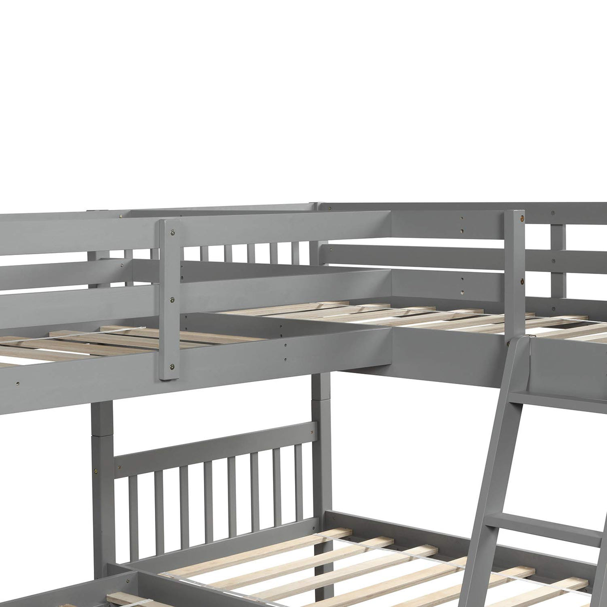 L-Shaped Bunk Bed Twin Over Twin, Quad Bunk Bed with Guardrail and Angle Ladder, Wood Twin Bunk Beds for 4, Corner Bunk Beds for Kids, Teens, Adults, No Box Spring Needed (Twin, 4 Beds, Grey) Harper & Bright Designs