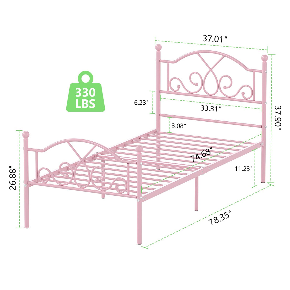 Weehom Twin Bed Frames, Modern Twin Size Metal Bed Frames for Kids Girls, No Box-Spring Needed Twin Platform Bed Frame with Unique Headboard and Footboard, 11.23 Inches Storage Space - Pink Weehom