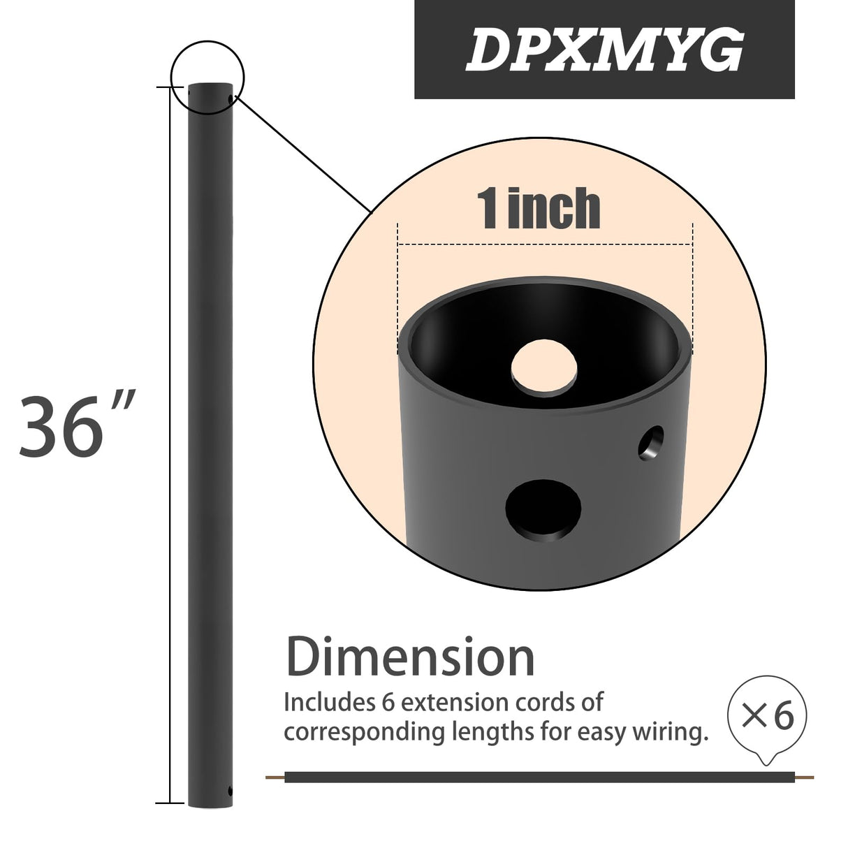 DPXMYG 36 inch Ceiling Fan Downrod with Extension Cord, 3 FT Black Downrod for Ceiling Fan, 1 inch Outside Diameter, Ceiling Fan Boom Suitable for a Wide Range of Fans (Black, Not Threaded) DPXMYG