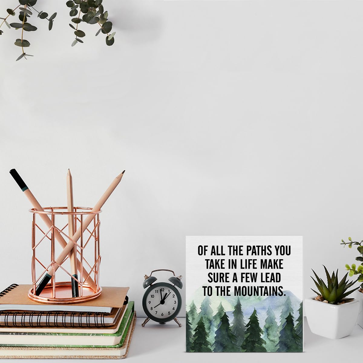 Inspirational Quote Desk Wooden Sign Decor of All the Paths You Take in Life Square Wood Sign Desk Decoration Watercolour Mountain Art Wood Block Box Sign for Shelf Home 5 x 5 Inches YXSEZ