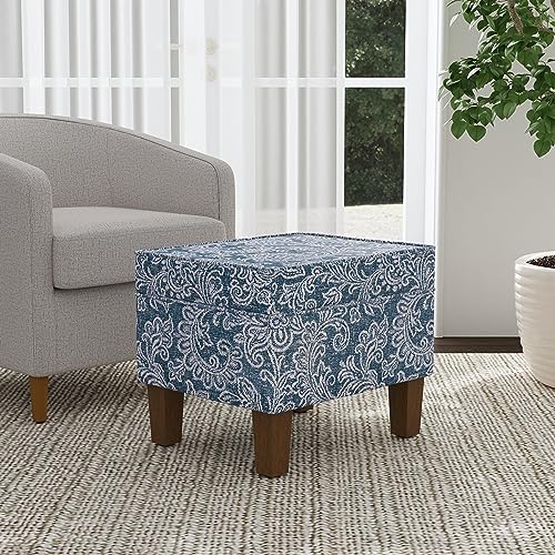 HomePop Home Decor |K7646-A879| Upholstered Modern Rectangular Storage Ottoman | Hinged Lid Ottoman with Storage for Living Room & Bedroom, Blue Denim Jacobean Print HomePop
