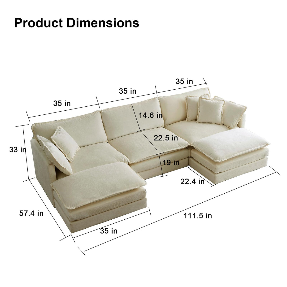 KIVENJAJA Chenille U-Shaped Modular Sectional Couch, Modern Comfy 3 Seater Deep Seat Cloud Couch with 2 Ottomans/Chaises & 5 Pillows for Living Room Office Apartment, 111.5”W, Light Camel KIVENJAJA