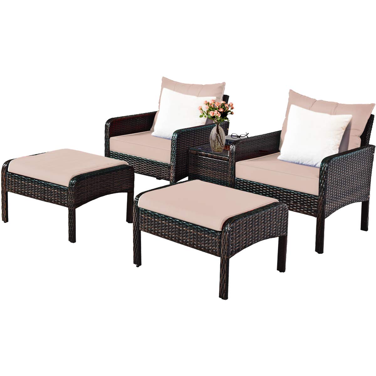 Tangkula Wicker Furniture Set 5 Pieces PE Wicker Rattan Outdoor All Weather Cushioned Sofas and Ottoman Set Lawn Pool Balcony Conversation Set Chat Set Tangkula