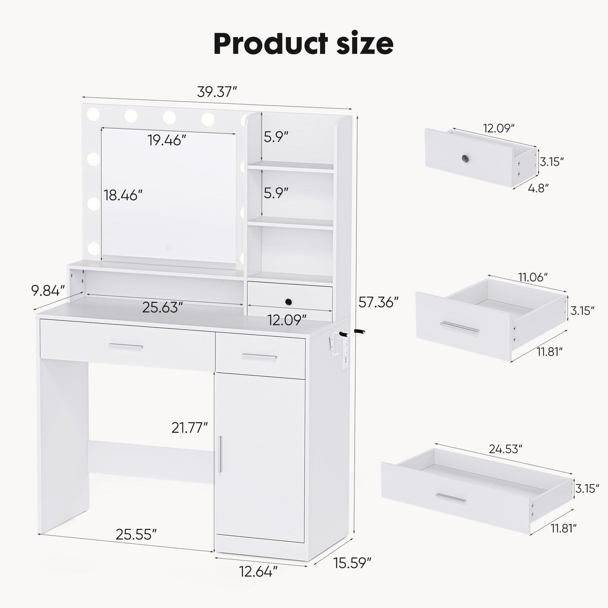 Sweetcrispy Vanity Desk with Adjustable Lighten Mirror & Power Outlet, Makeup Desk for Bedroom with a Storage Cabinet and 3 Drawers, 4 Storage Shelves, White Dresser for Girls Sweetcrispy