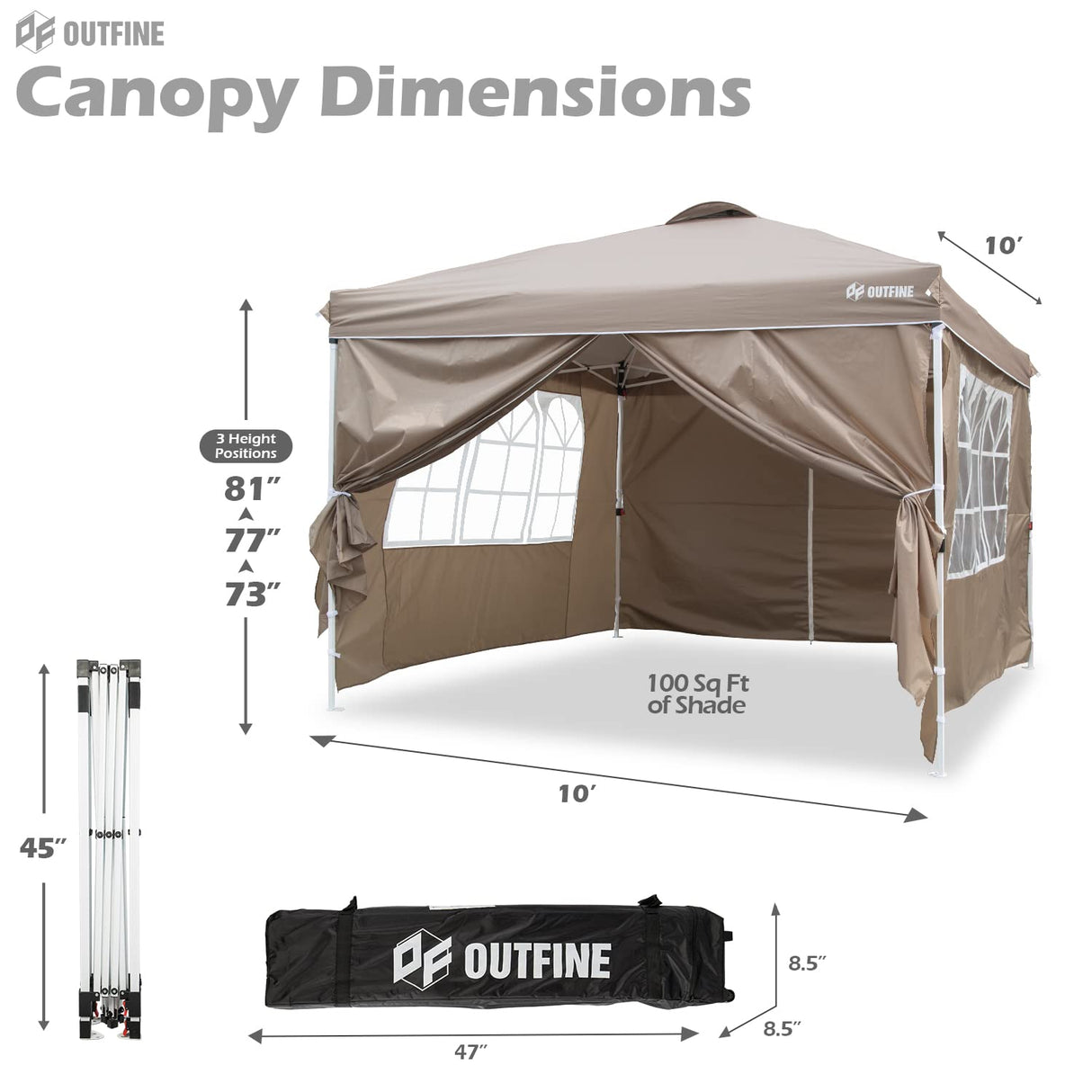 OUTFINE Patio Canopy 10'x10' Pop Up Commercial Instant Gazebo Tent, Outdoor Party Canopies with 4 Removable Sidewalls, Stakes x8, Ropes x4 (Khaki, 10 * 10FT) OUTFINE