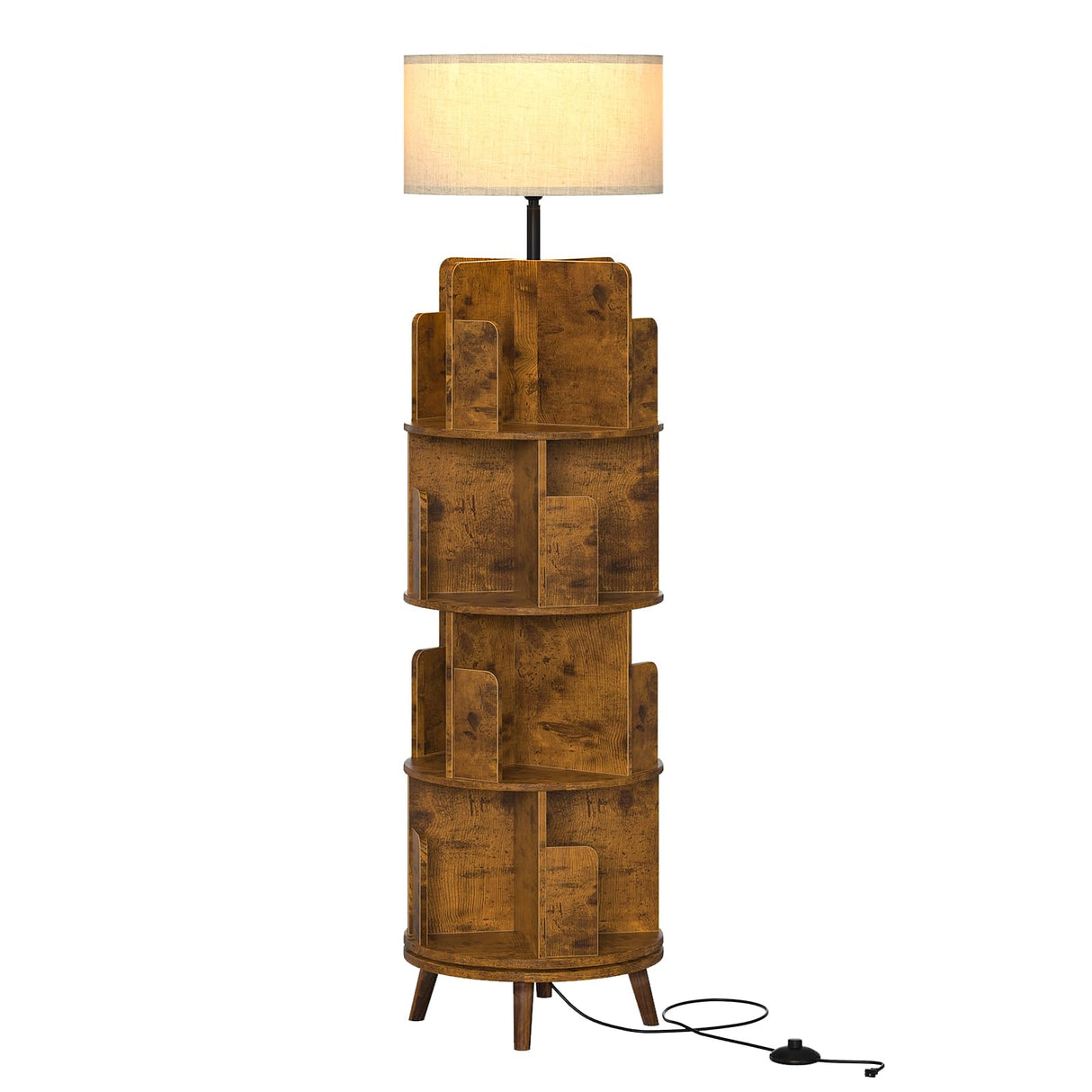 TVU 4Tire Rotating Bookshelf with Light, 360 Degree Spinning Book Shelf Tower, 4-Tier Circular Bookcase for Small Spaces, Fits Any Corner, for Study、Living Room、Bedroom、Office, Flame Finish TVU