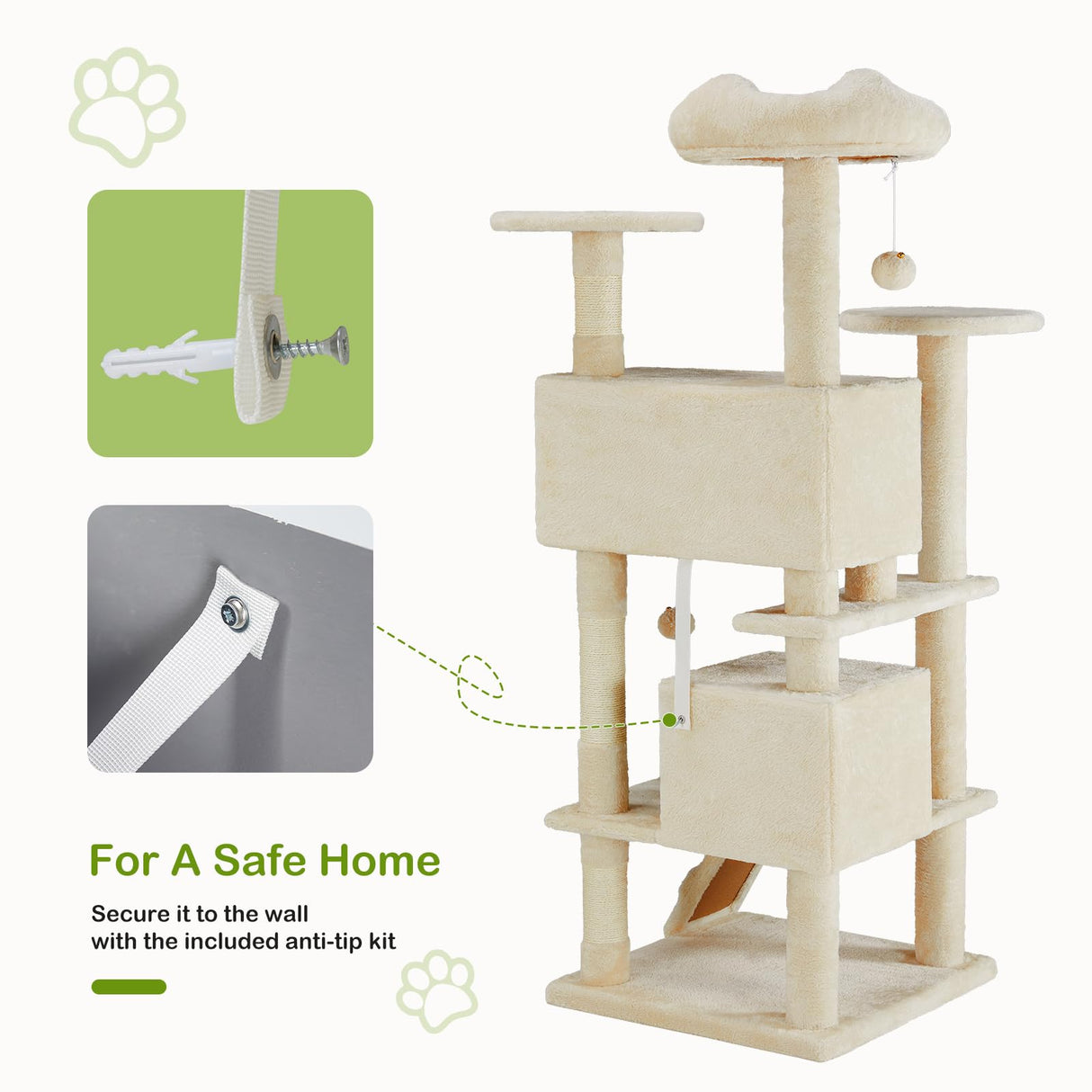DUMOS 54-inch Indoor Cat Tree Tower –Multi-Level Pet House for Large Cats with 2 Condos, Scratching Posts, Round Platform, Small Ladder, and Toys, Beige DUMOS