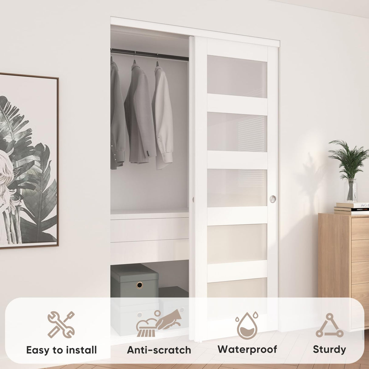 JUBEST Sliding Closet Door 48"(Double 25") x 80", 5-Lite Frosted Glass Bypass Door with Hardware Kit & Matching Fascia, Pre-Drilled MDF Wood Slab with Water-Proof PVC Surface, Easy to Install, White JUBEST