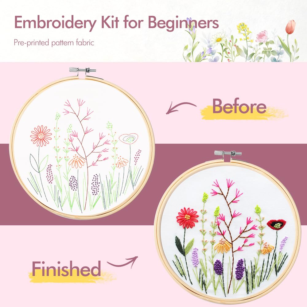 4 Pack Embroidery Kit for Beginners,Adults DIY Starter Kit,Cross Stitching Kits with Flower Stamped Patterns,Hoop,Tools,Colorful Threads with Needles,Step by Step Instructions,Hand Craft Lover Gift wtisan
