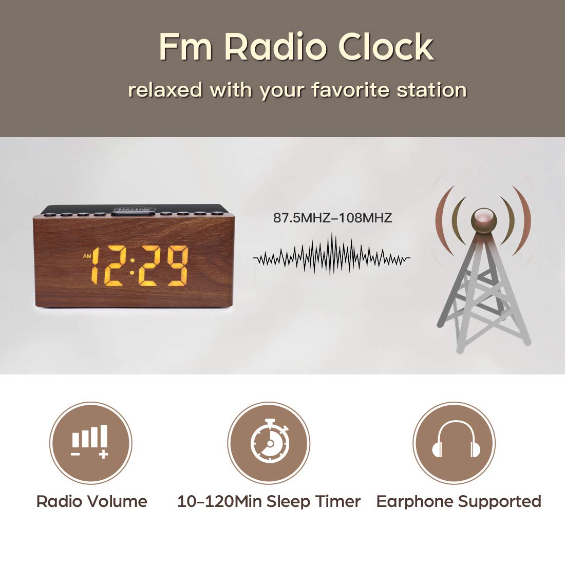 ANJANK Digital LED Alarm Clock FM Radio, Fast Wireless Charger Station for iPhone/Samsung Galaxy, 5 Level Dimmer, USB Charging Port, 2 Sounds, Sleep Timer for Bedroom, Bedside, Desk - Wood ANJANK