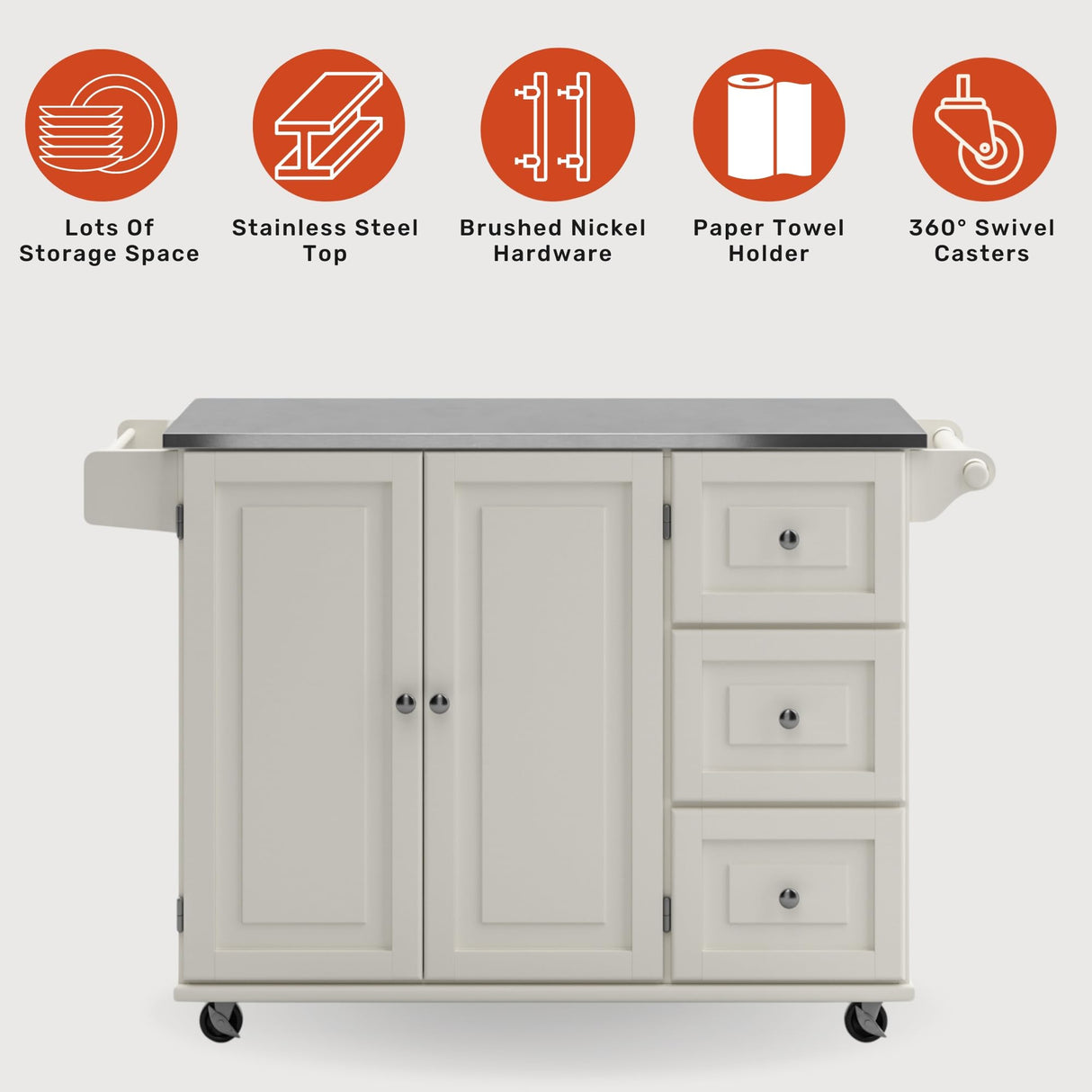 Homestyles Kitchen Cart with Stainless Steel Metal Top Rolling Mobile Kitchen Island with Storage and Towel Rack 54 Inch Width Off White homestyles