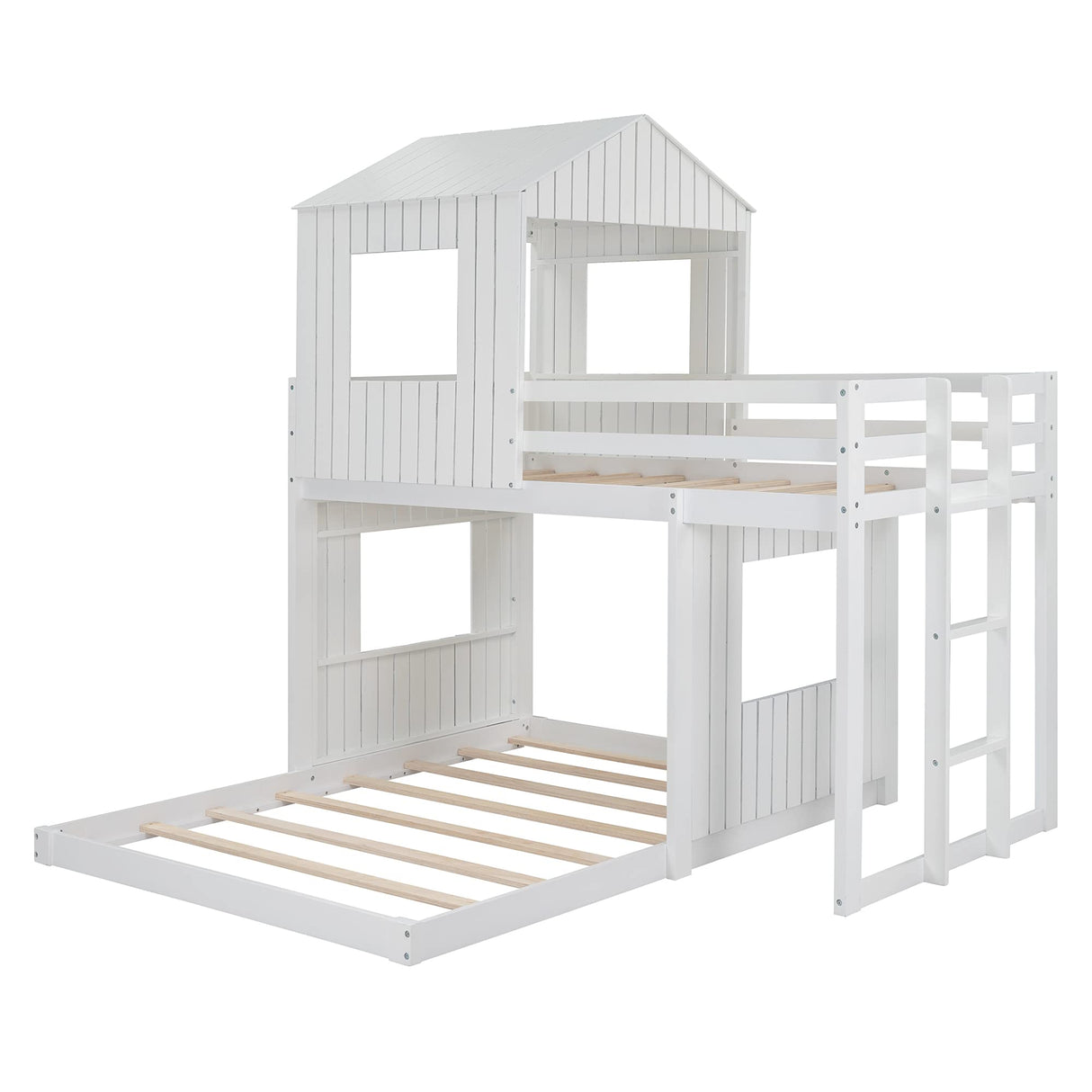 House Bunk Bed Twin Over Full with Playhouse Design for Kids - White Wood Frame by Harper & Bright Designs Harper & Bright Designs