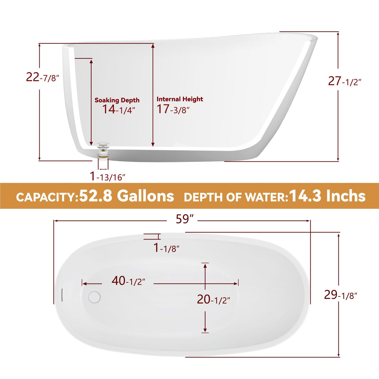 59" Free Standing Tub Freestanding Bathtub, Acrylic Stand Alone Tub, Contemporary Deep Soaking Bath Tub, cUPC Certified SY9950 (Glossy White) SYLONWILL