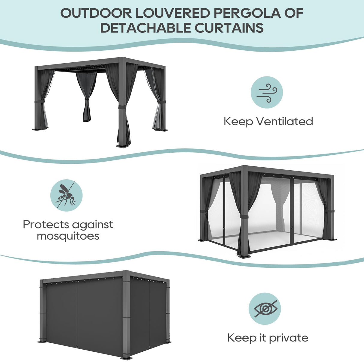 LVUYOYO Louvered Pergola 10' x 13', Outdoor Pergola with Adjustable Roof, Aluminum Frame Pergola with Curtains and Netting, Hardtop Metal Gazebo for Patio, Backyard, Garden, Deck (Black) LVUYOYO