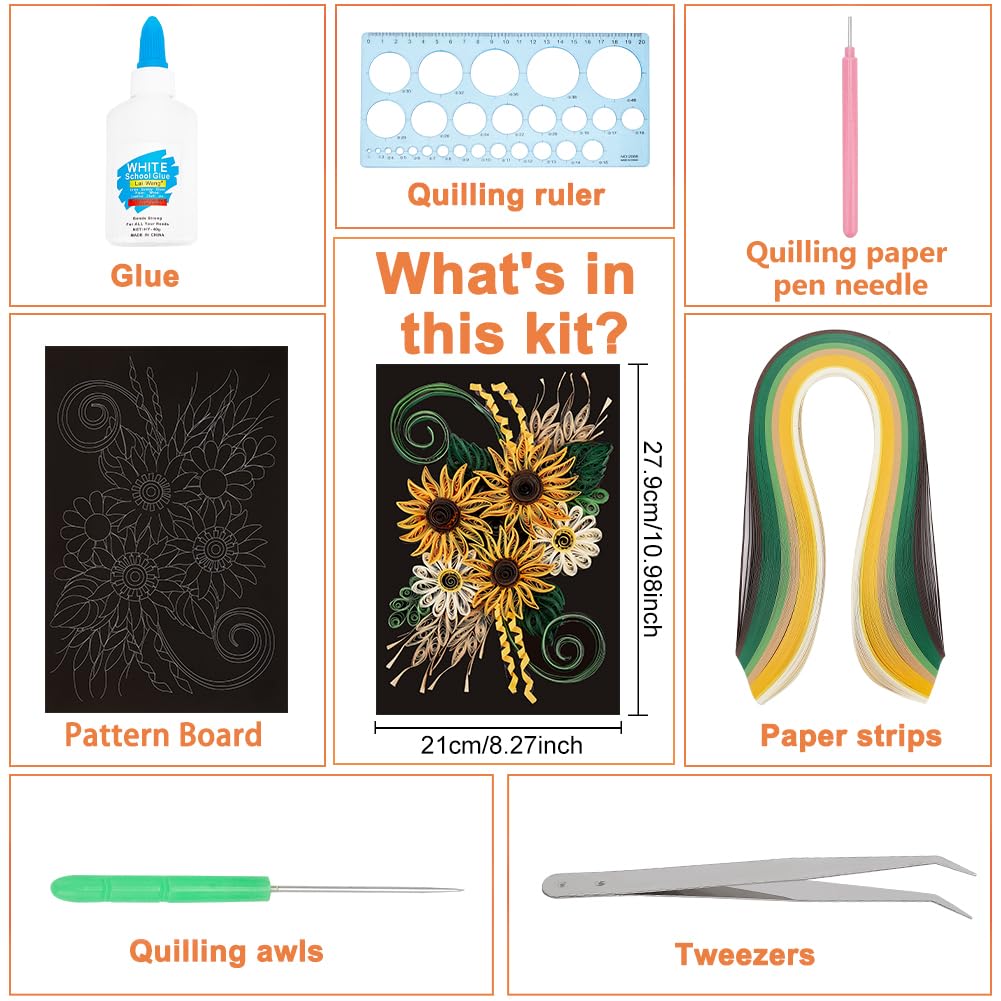 WEBEEDY Paper Quilling Kit DIY Sunflower Paper Filigree Kit with Quilling Strips Tool and Supplies Paper Quilling Set for Beginners Handmade Crafts Modern Room Wall Art Decor Gift,21×27.9cm/8.3×11" WEBEEDY