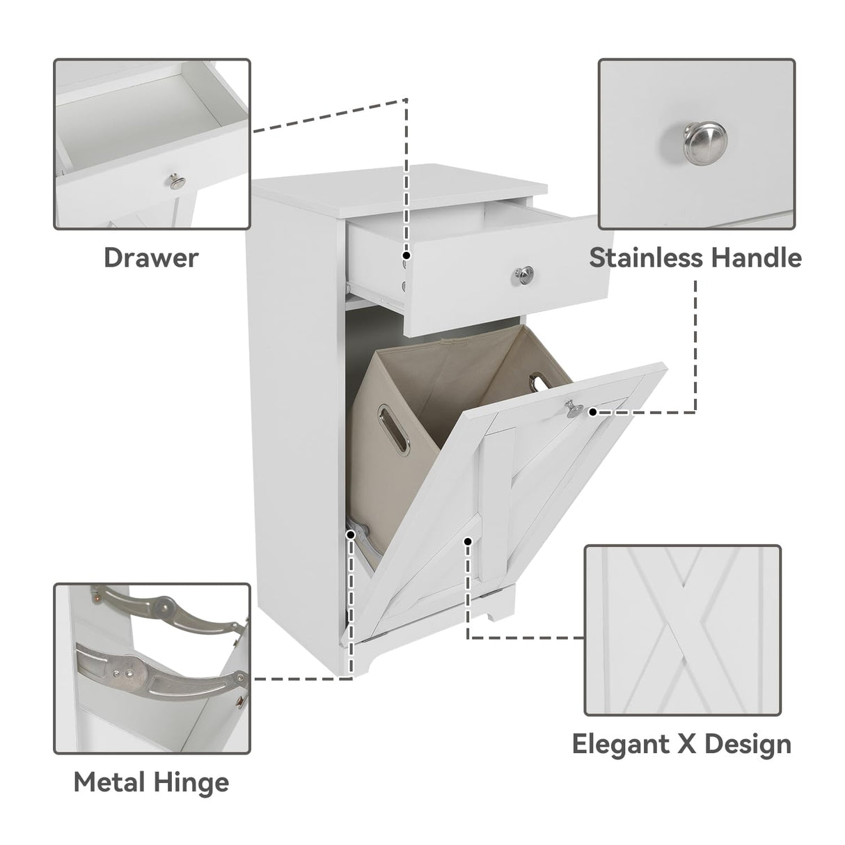 SOLIDEE Free Standing Kitchen Bathroom Tilt Out Laundry Hamper Storage Cabinet with Drawer, White SOLIDEE