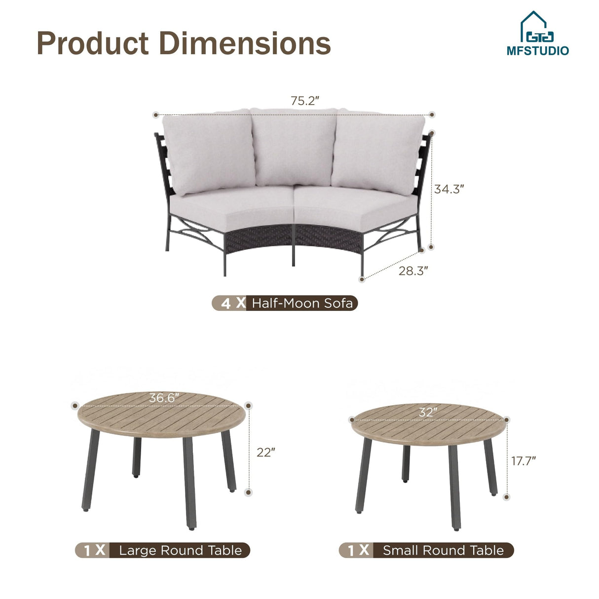 MFSTUDIO Patio Furniture Set, 8 Seats Half-Moon Curved Outdoor Sectional Sofa Conversation Set, Woven Rattan Patio Couch with 2 Wood-Like Round Coffee Table MFSTUDIO