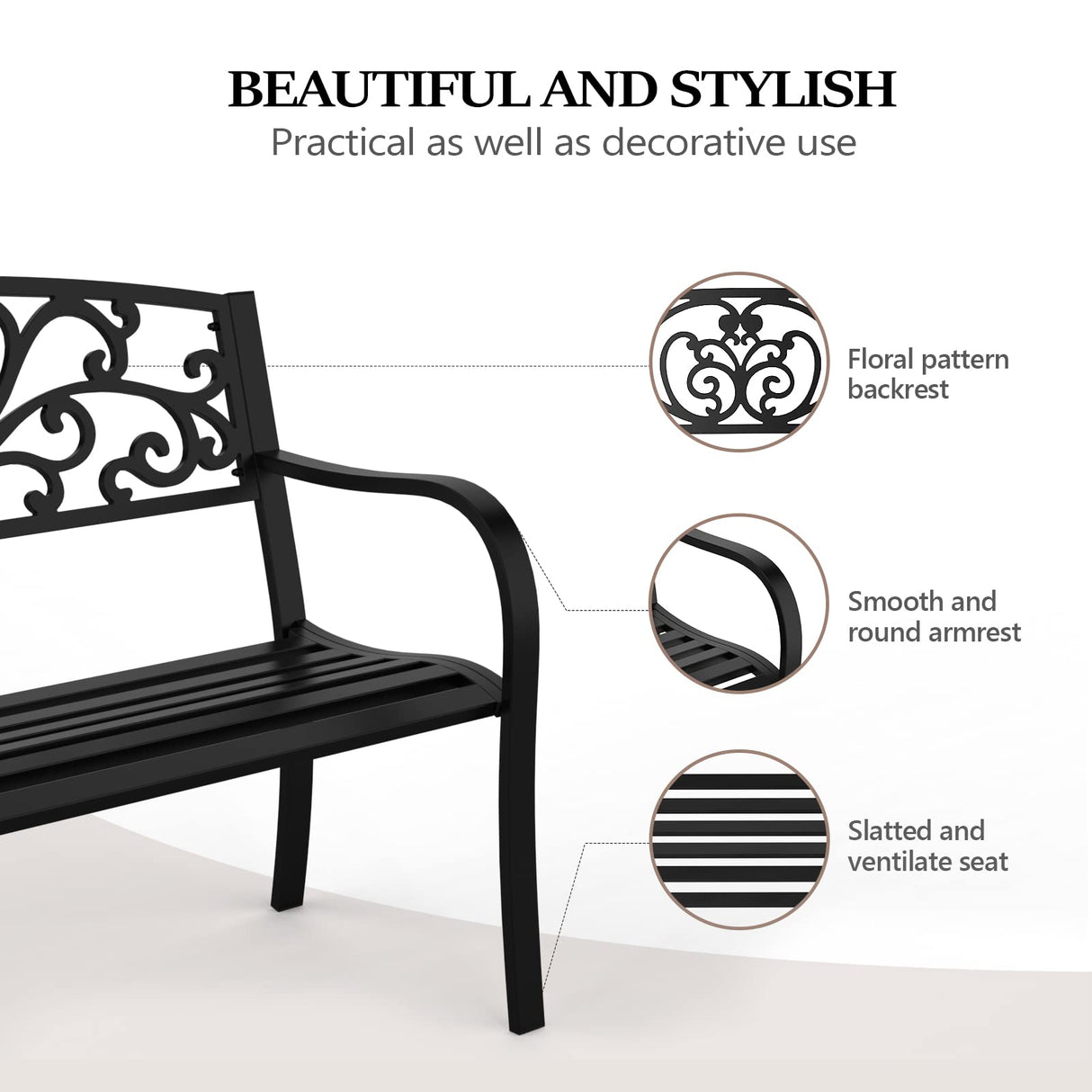 VINGLI Outdoor Bench for Patio Metal Garden Bench w/PVC Back Pattern, Black Park Benches Front Porch Benches for Yard Lawn Decor Deck Entryway (Floral) VINGLI