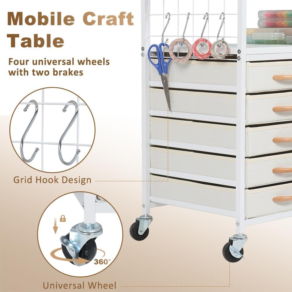 LUCKUP Organization and Storage Craft Table for Cricut Machines, Rolling Cart Cabinet with 28 Vinyl Roll Holders and 5 Drawers, Heat Press Stand Crafting Storage Cart with Hooks LUCKUP