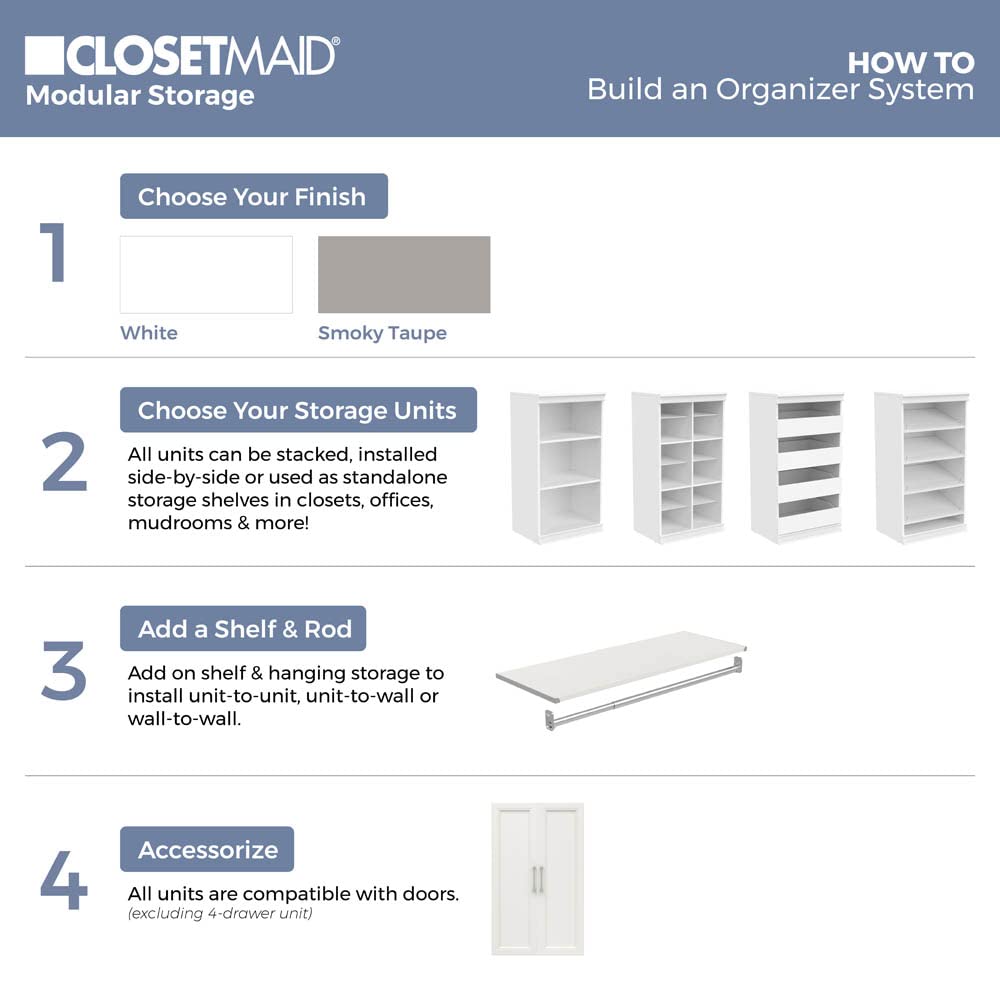 ClosetMaid Modular Storage Unit with 4 Drawers, Wood Closet Organizer, Stacking, Full Backer, Storage, Decorative Trim, White ClosetMaid