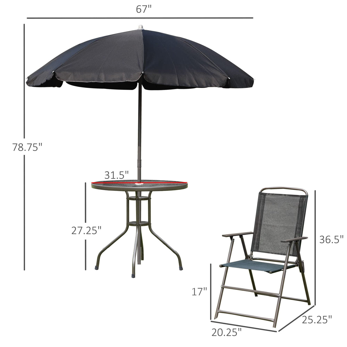 Outsunny 6 Piece Patio Dining Set for 4 with Umbrella, Outdoor Table and Chairs with 4 Folding Dining Chairs & Round Glass Table for Garden, Backyard and Poolside, Black Outsunny